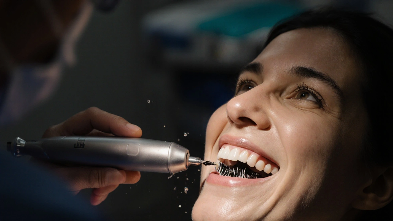 Zubní hygienistka odstraňuje černý zubní kámen ultrazvukovým přístrojem.