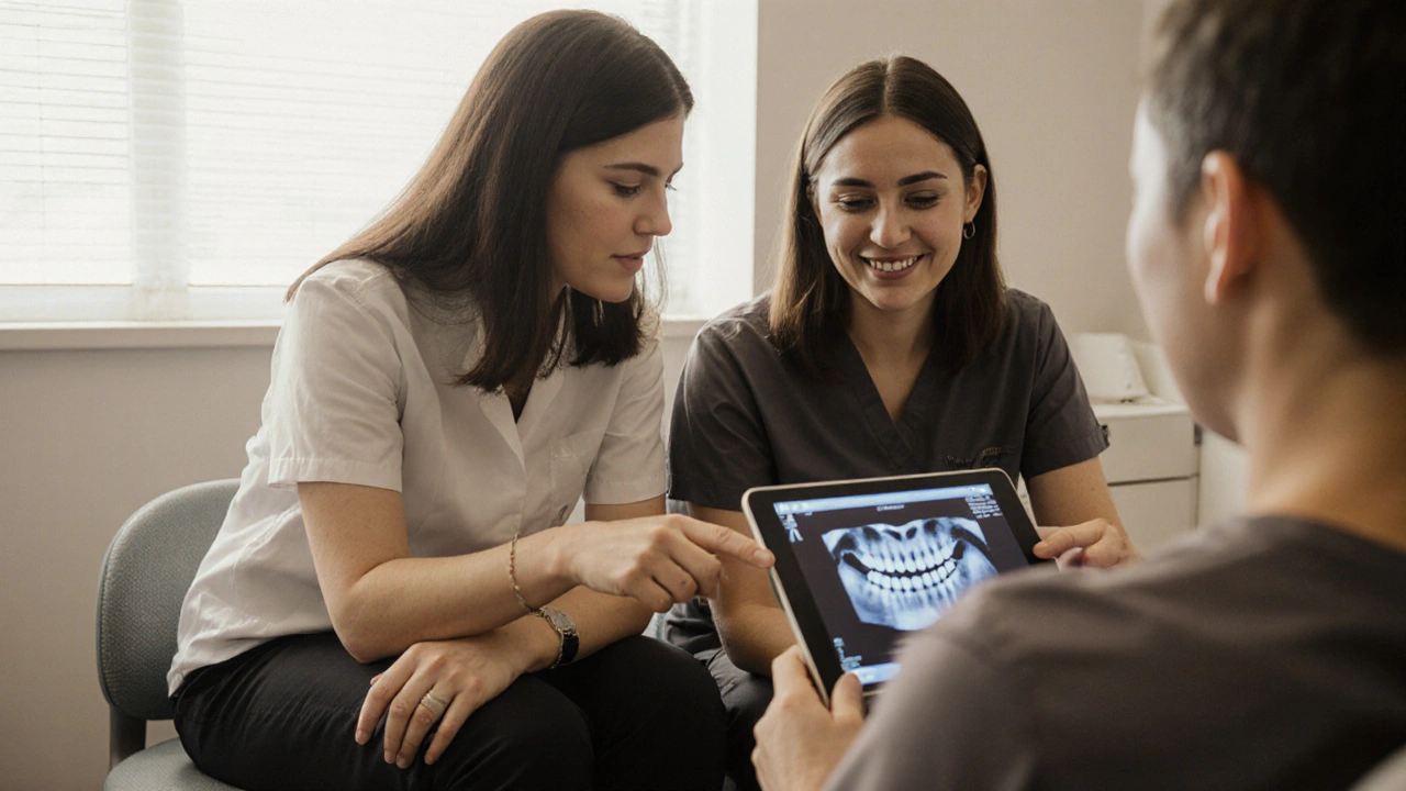 Zubní lékař a logoped společně prohlížejí 3D sken zubů s pacientem v klinice.