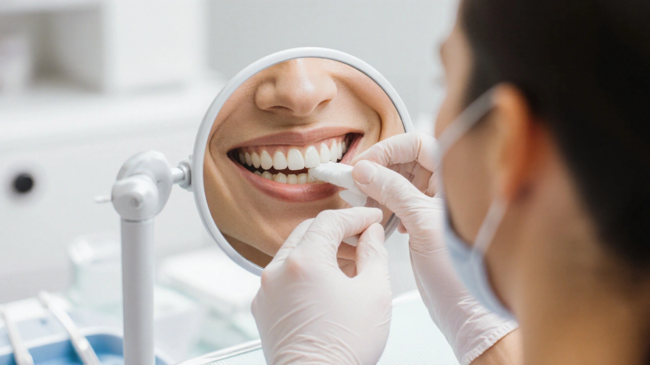 Zubní lékař instaluje keramickou korunku na přední zub.