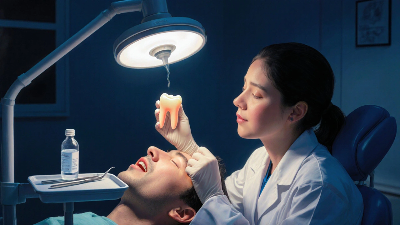 Zubní lékař znovu nasazuje zub pacientovi v klinice.