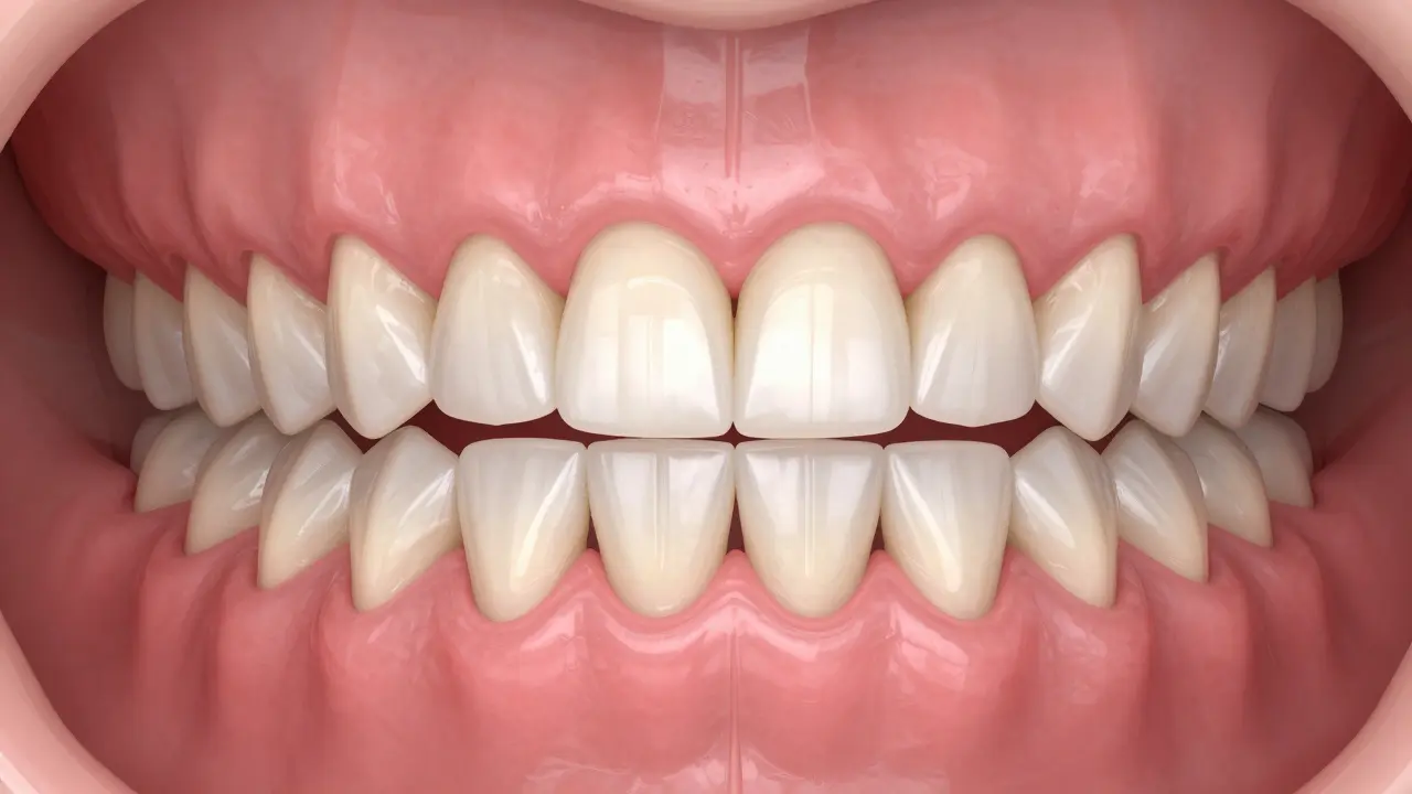 Anatomicky přesný pohled na zdravý chrup s rovnoměrně uspořádanými zuby a zdravými dásněmi.