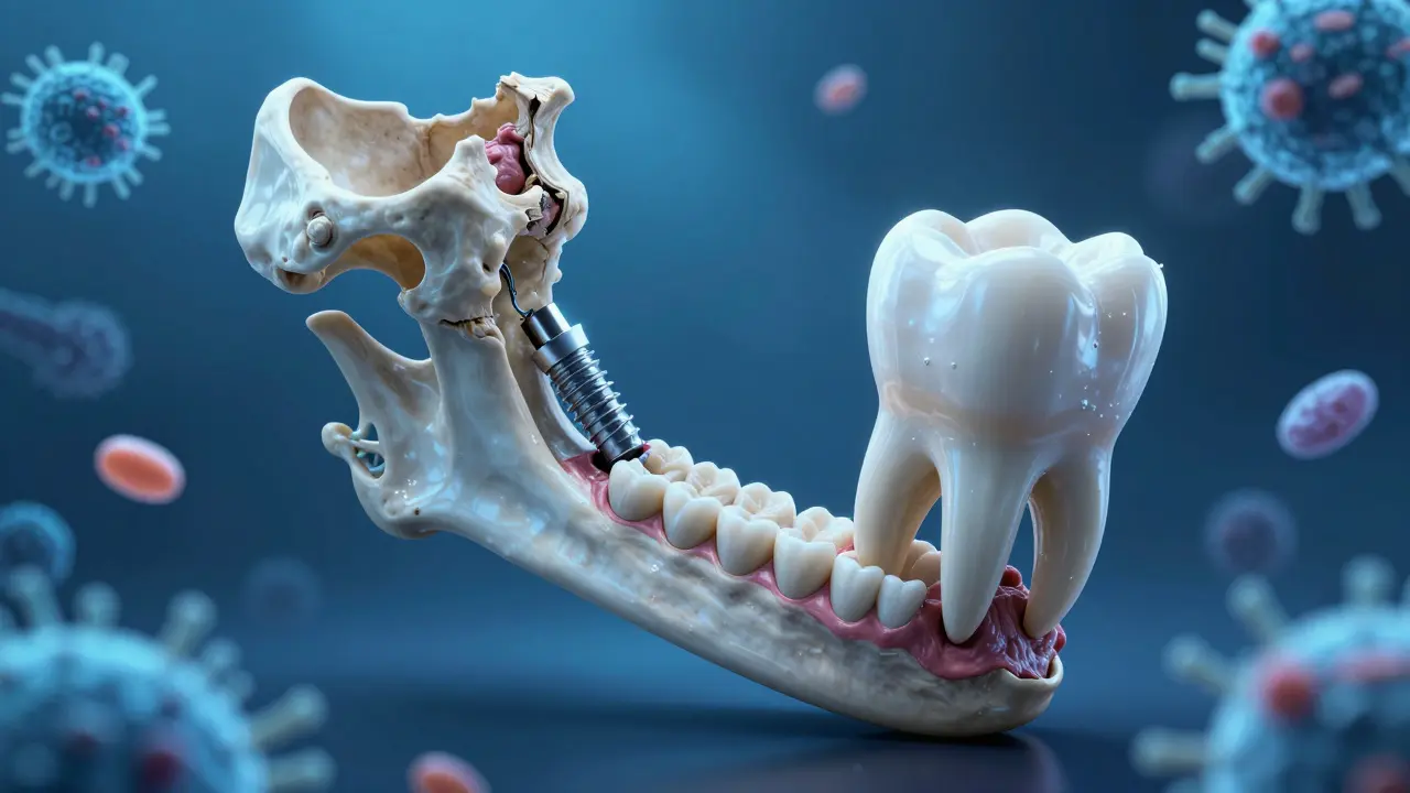 Chybějící stoličky způsobují posunutí zubů, zatímco implantát je vkládán do čelisti pod světlem operační lampy.