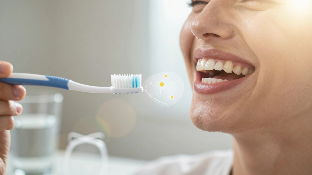 Člověk se směje s bělými zuby, zdravé dásně a jemným náznakem ochrany zubního prostředí.