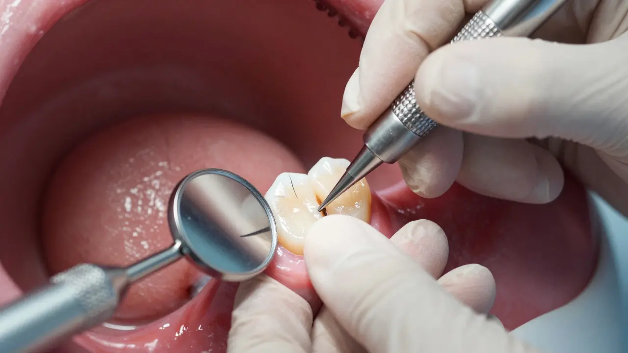 Dentist carefully preparing a tooth by removing a thin layer of enamel.