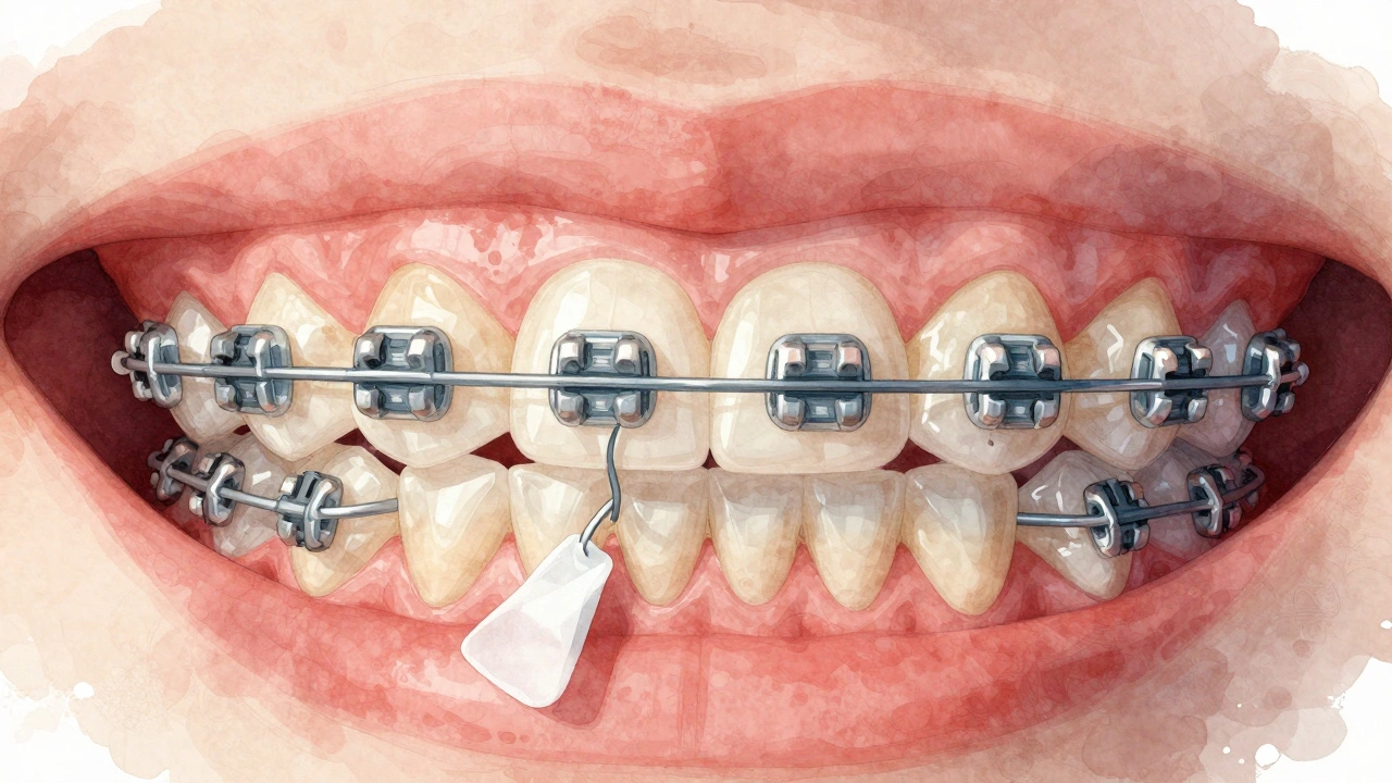 Detail pevných rovnátek s ohnutým drátkem a ortodontickým voskem zakrývajícím ostrý konec.