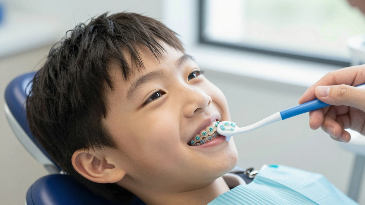 Dítě s ortodontickým aparátem dostává gelee rovnoměrně rozetřený kolem drátů.