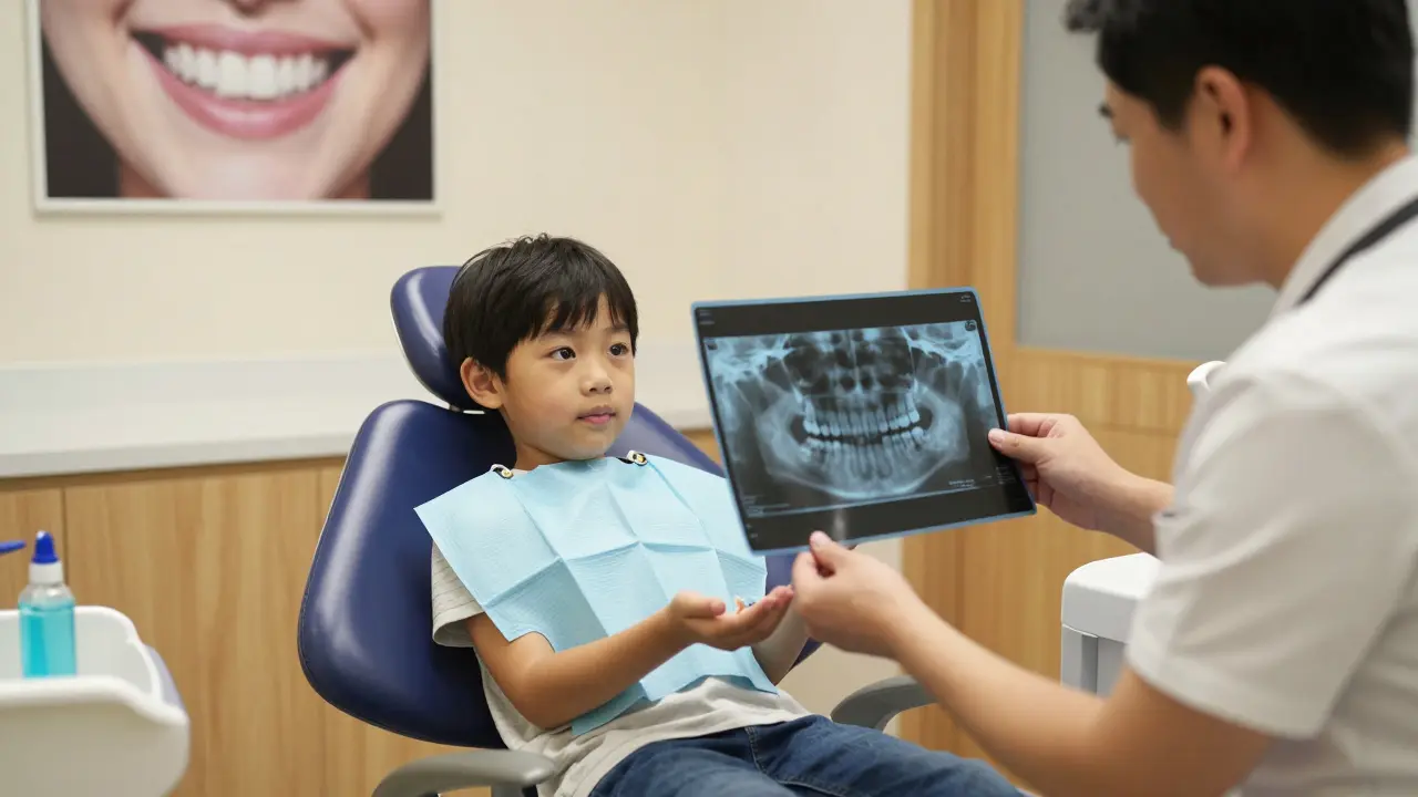 Dítě v zubní klinice drží vypadlý zub a lékař prohlíží rentgen s chybějícími trvalými zuby.
