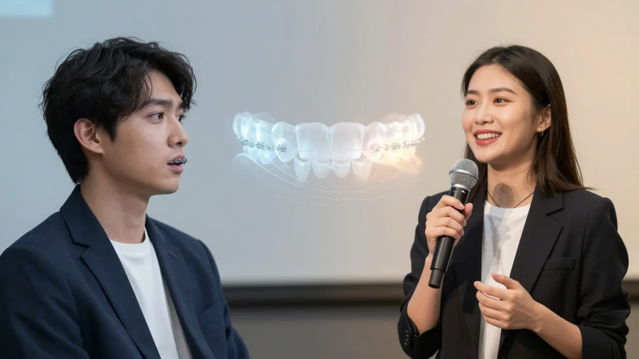 Dvě scény: jedna s kovovými rovnátky a nejistotou, druhá s neviditelnými rovnátky a sebedůvěrou při vystupování.