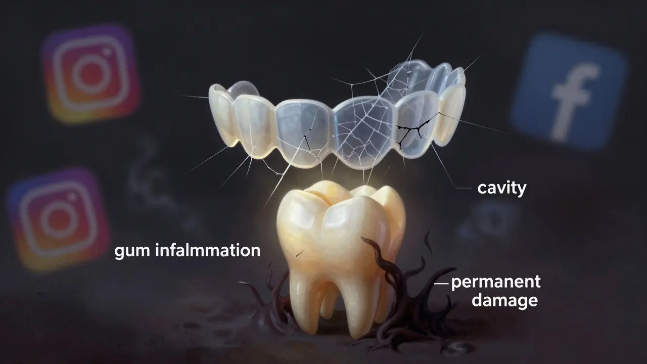 Fragilní plastová zubní vložka visí nad čelistí, zatímco pod ní rostou tmavé škody jako pavučina.