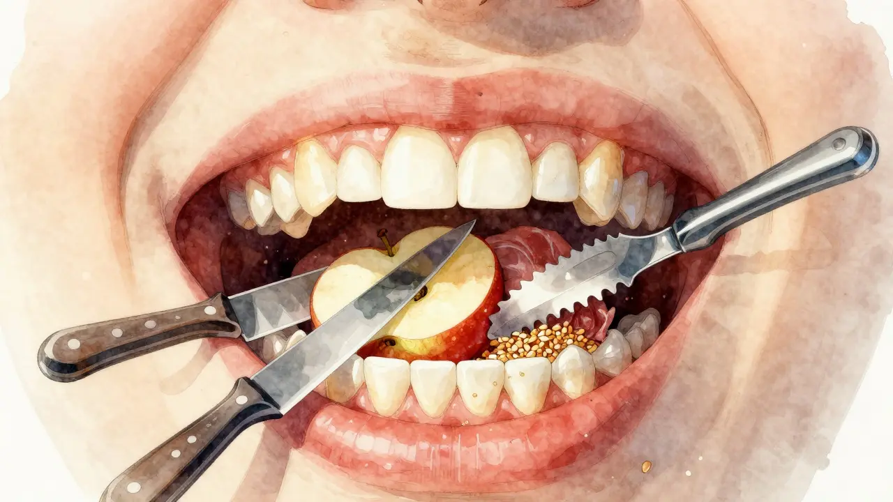 Ilustrace úst jako kuchyně: řezáky jako nože, kličky jako kleště a stoličky jako mlýnky při zpracování potravy.