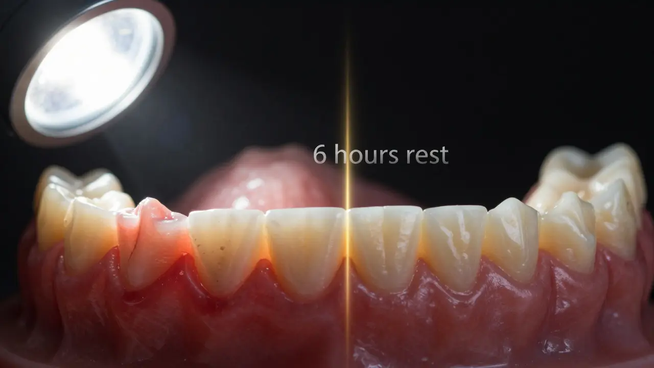 Kontrast mezi špatně sedící a správně sedící zubní protézou.
