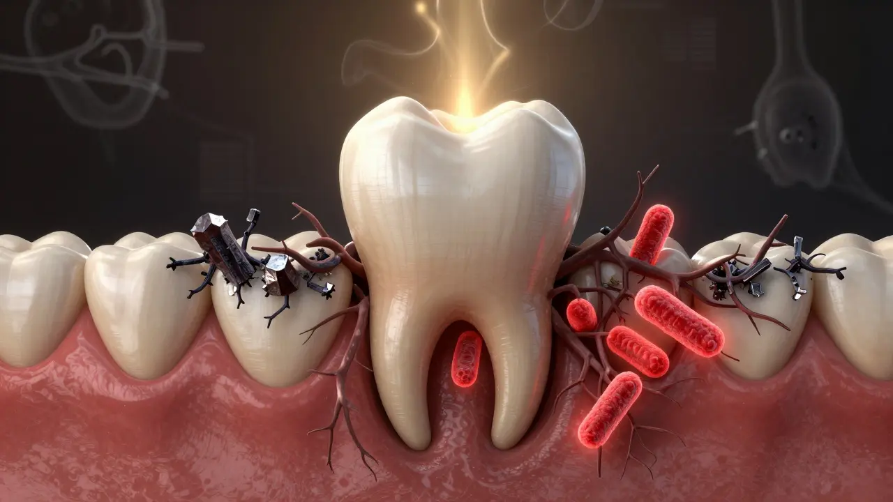Konzervovaný zubní kořen s kamenem ničícím kost a bakteriemi v kapsách