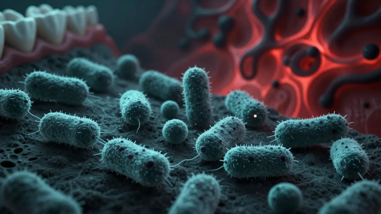 Mikroskopický pohled na bakterie pod zubním kamenem, které způsobují zánět a tmavnutí.