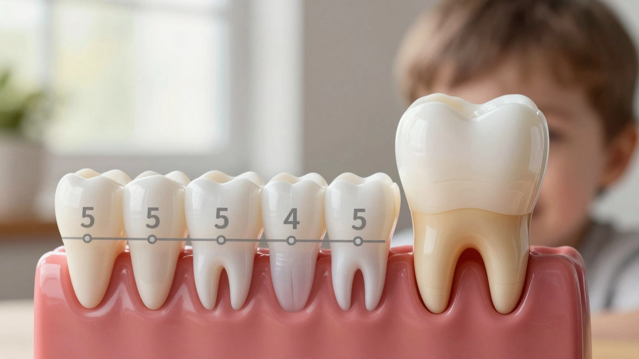 Mléčný zub s těsněním a vývojem trvalého zubu pod ním.