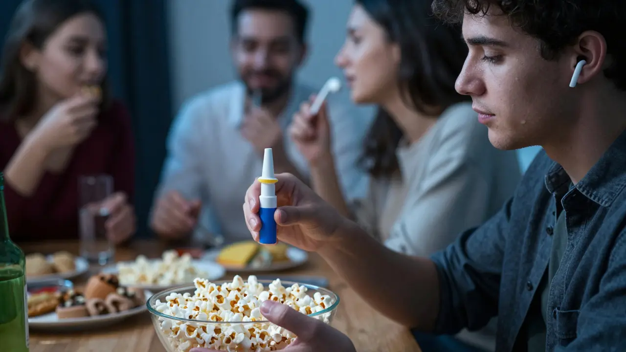 Osoba odmítá popcorn na večírku, drží bezdrátová sluchátka a ústní sprej.