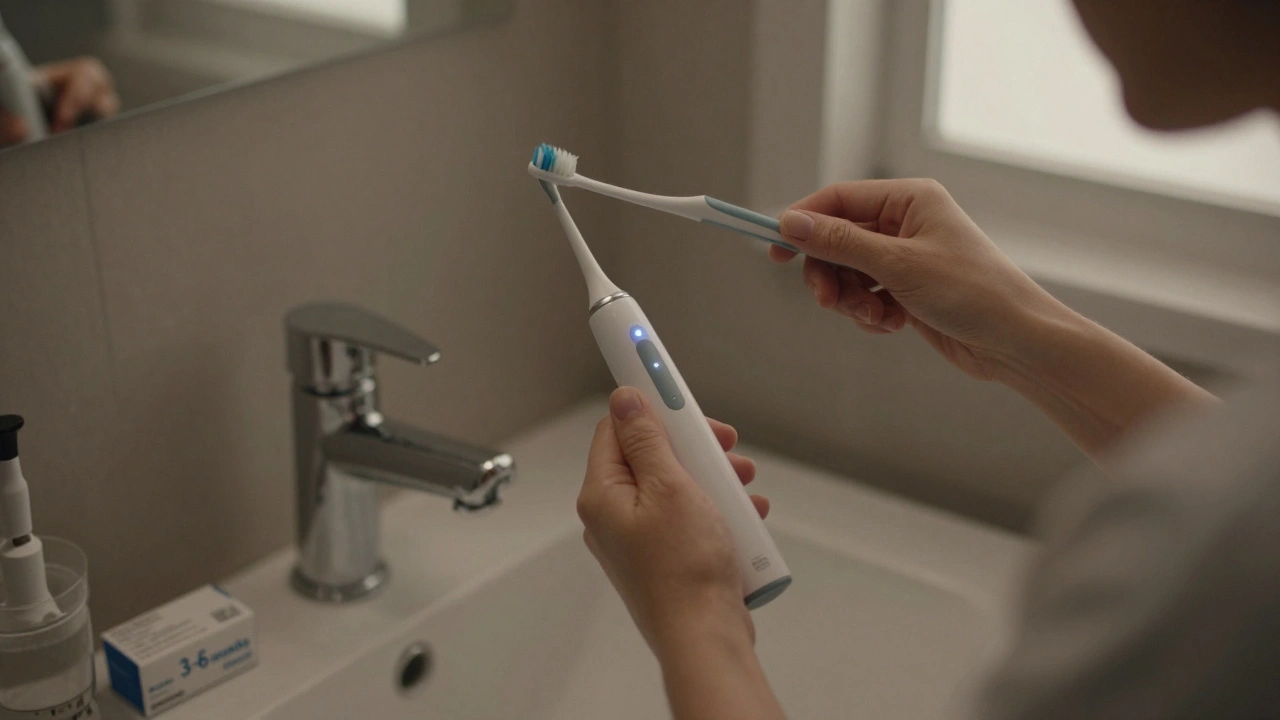 Osoba používá ultrazvukový čistič zubů v koupelně s vodní nádržkou a náhradními hroty na stole.