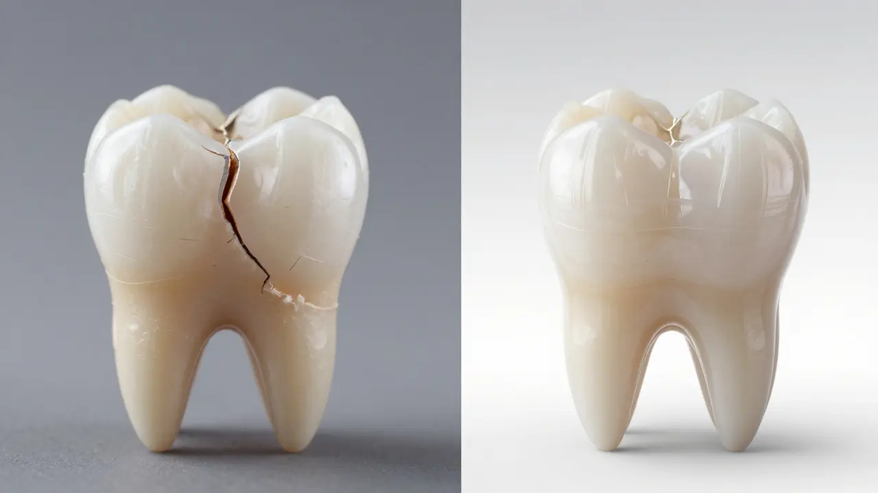 Porovnání poškozeného a opraveného předního zubu s přirozenou restaurací.