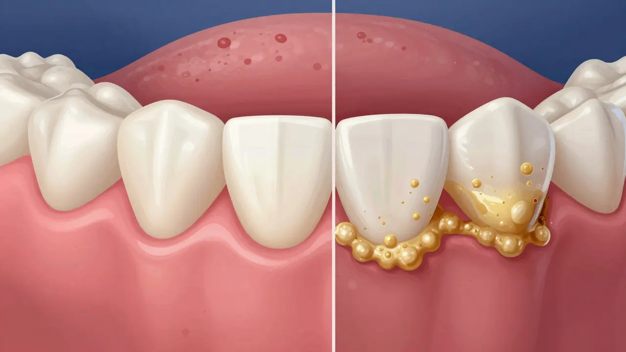 Porovnání zdravého zubu a zubu pokrytého tvrdým zubním kamenem s bakteriemi.