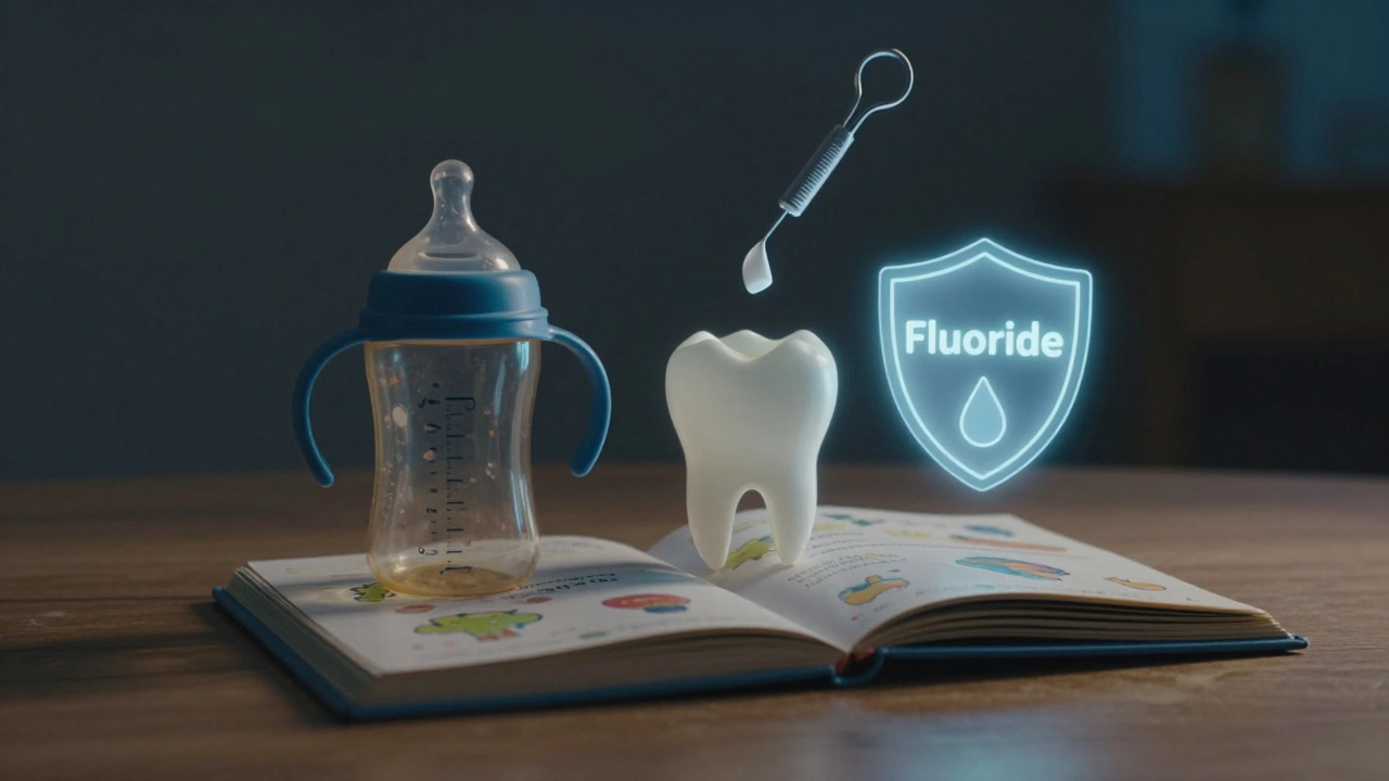 Prázdná láhvička a knížka u postele, s neviditelnou ochranou zubů a vodou jako symbol prevence.