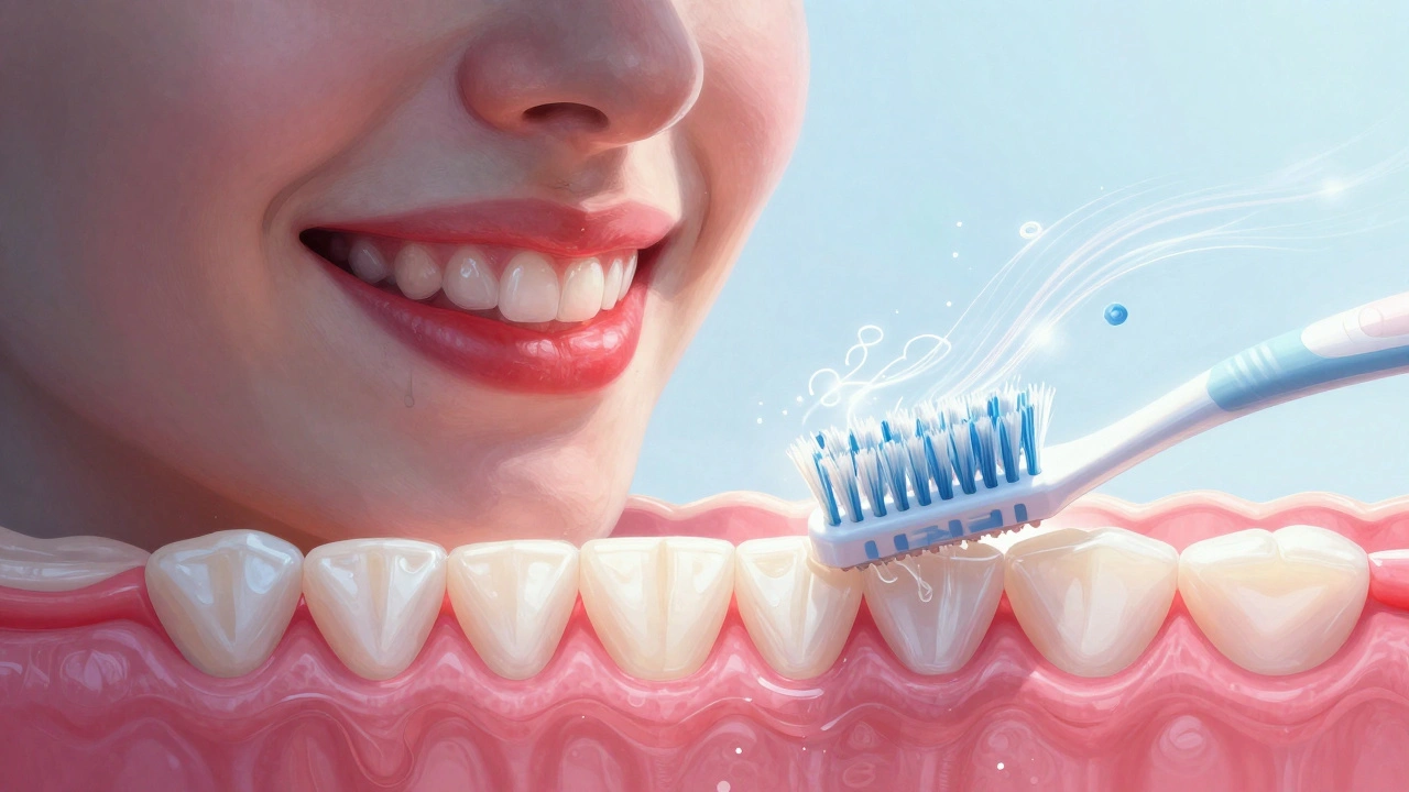 Přechod od zánětlivých dásní k zdravým – vizuální symbolika jemné čistoty.