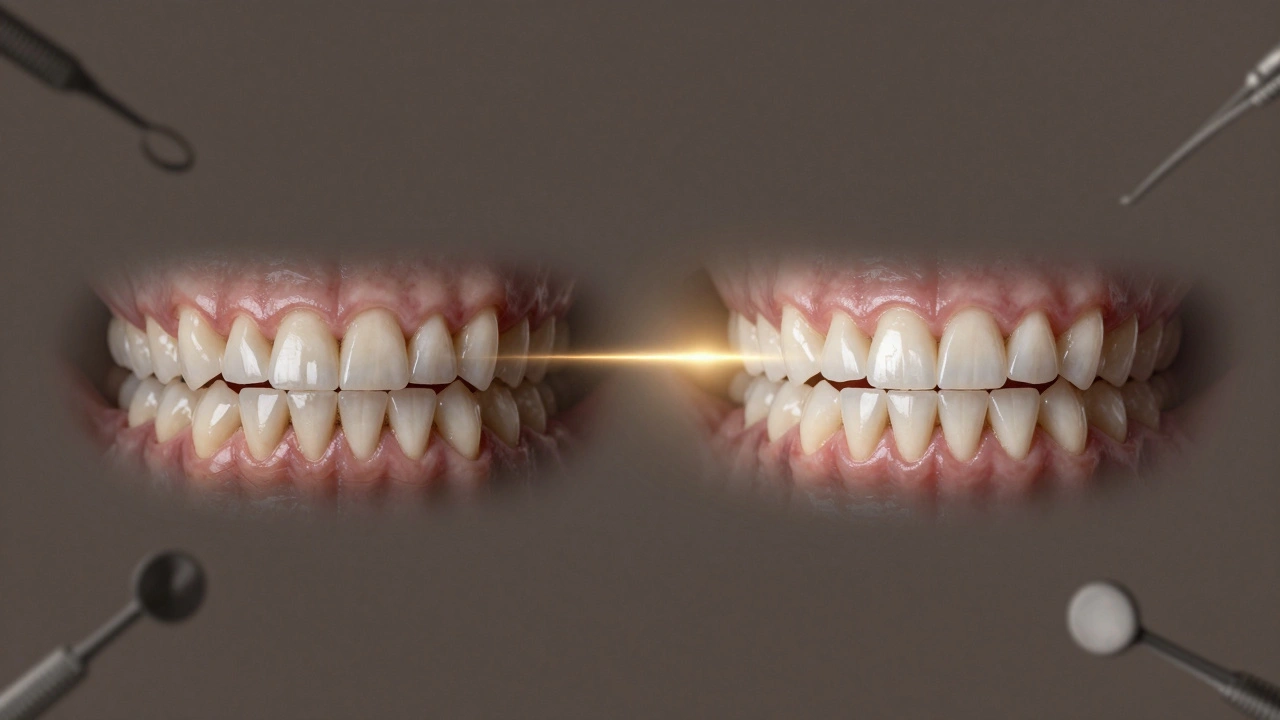 Před a po: zubní vadě přecházejí do dokonalého úsměvu s fazetami.