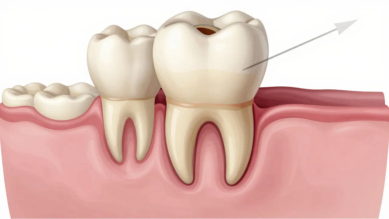 Příčný řez čelistí ukazující rozpadající se kořen mléčného zubu a růst trvalého zubu pod ním.