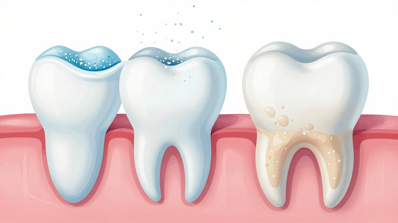 Příčný řez zubu s ochrannou vrstvou aminofluoridu odstraňující usazování minerálů.
