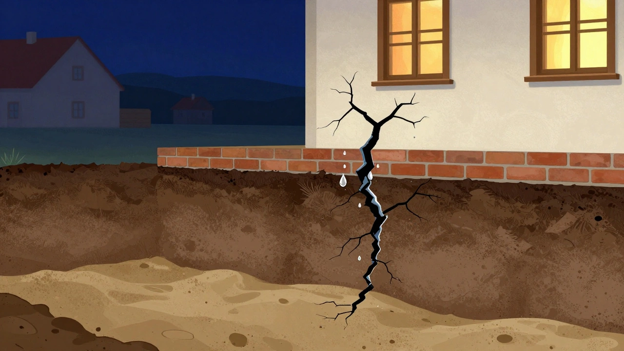 Průřez domu ukazující osedání základů a průnik vlhkosti do zdi