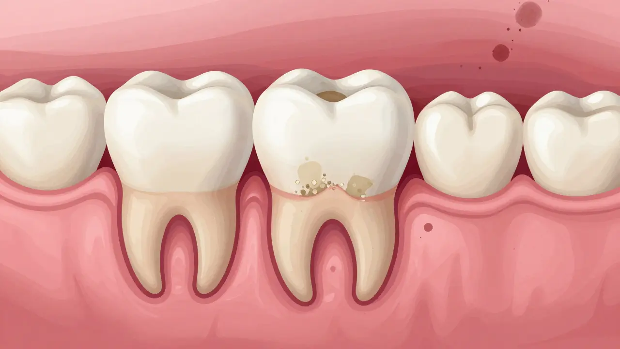 Průřez zubu s léčenými parodontálními choboty a obnovujícími se dásněmi.