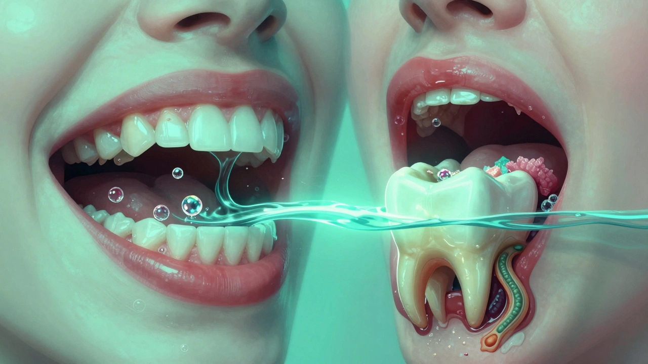 Rozdíl mezi zdravým a poškozeným zubem s fluoridem a plakem