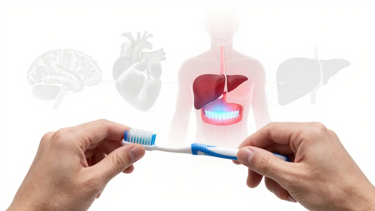 Ruce čistí zuby, zatímco uvnitř těla je vidět rozdíl mezi zdravými a zanětlivými dásněmi.