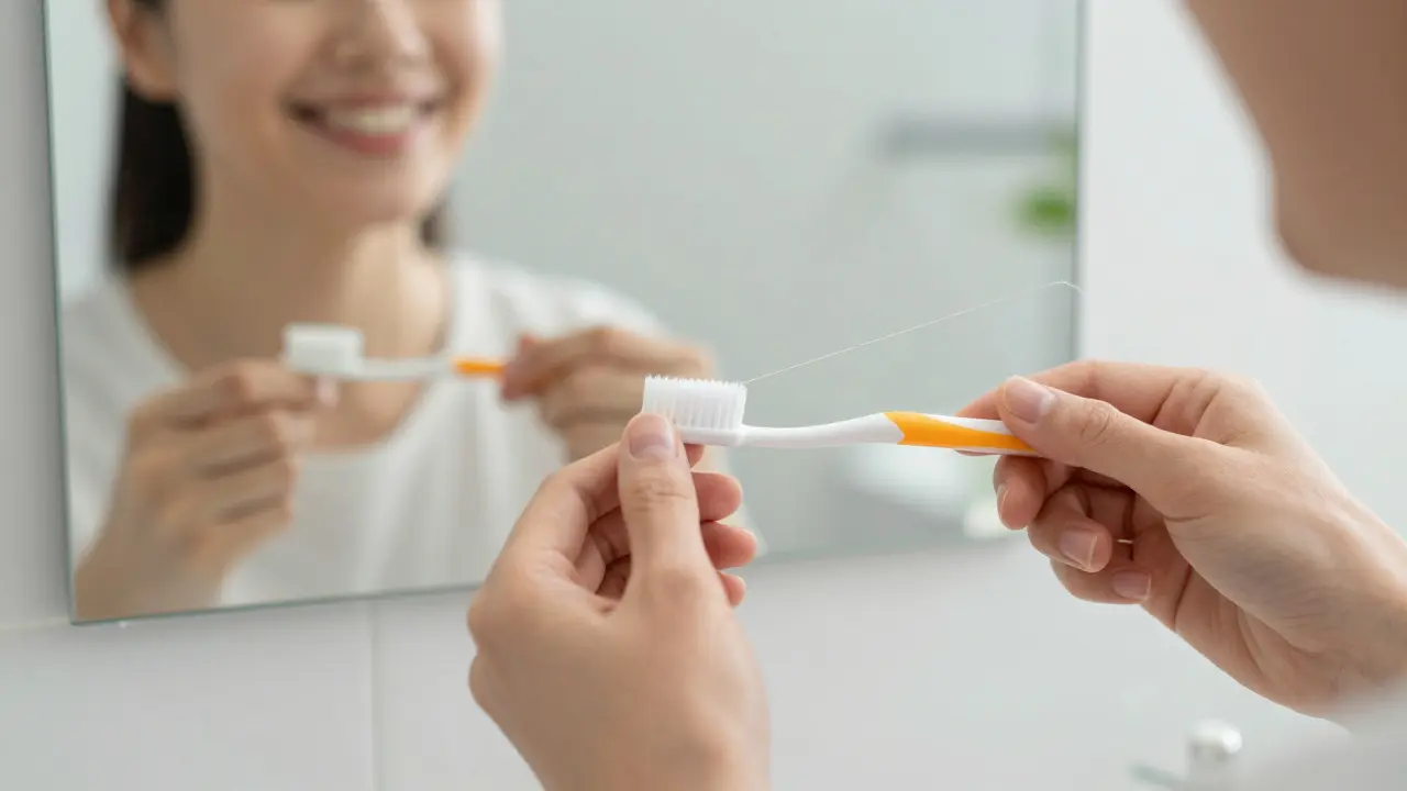 Ruce drží kartáček a nit, v zrcadle se odráží zdravý úsměv bez zubních fazet.