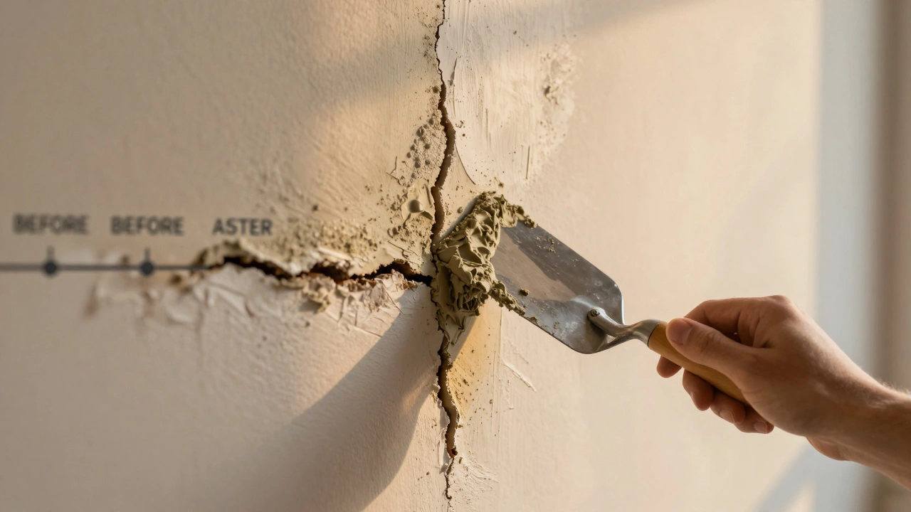Ruka nanáší opravnou hmotu do praskliny ve zdi při denním světle