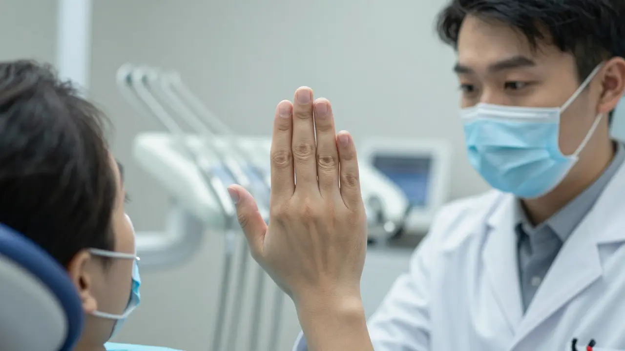 Ruka pacienta signalizuje pauzu během zubní léčby, lékař reaguje s porozuměním.