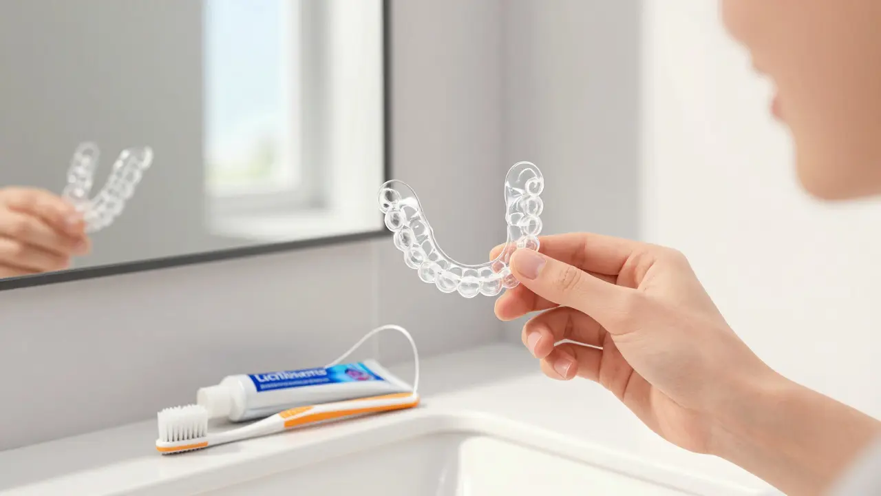 Ruka sundává průhledné rovnátka z úst, na stole jsou kartáček, nit a pasta, zuby v zrcadle vypadají zdravě.