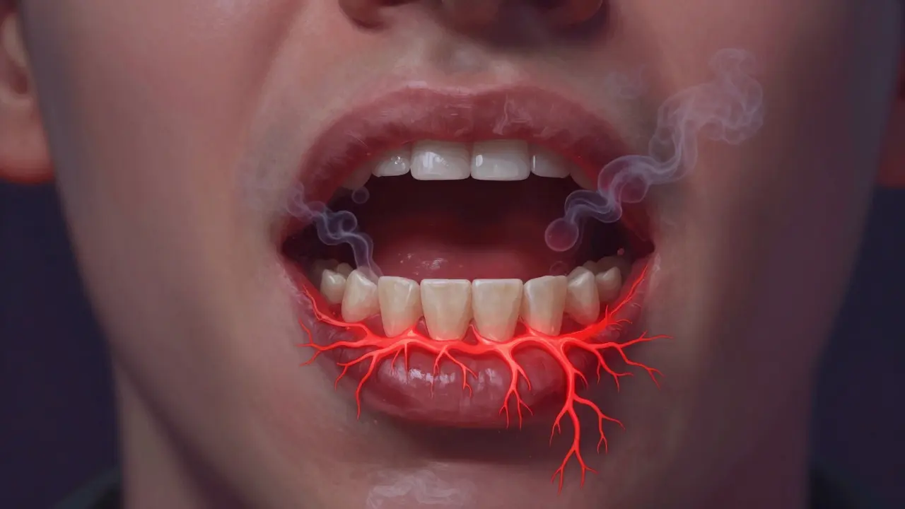 Surreální vyobrazení infekce šířící se po dásních, zuby se zdají plavat v bakteriálním mlze.