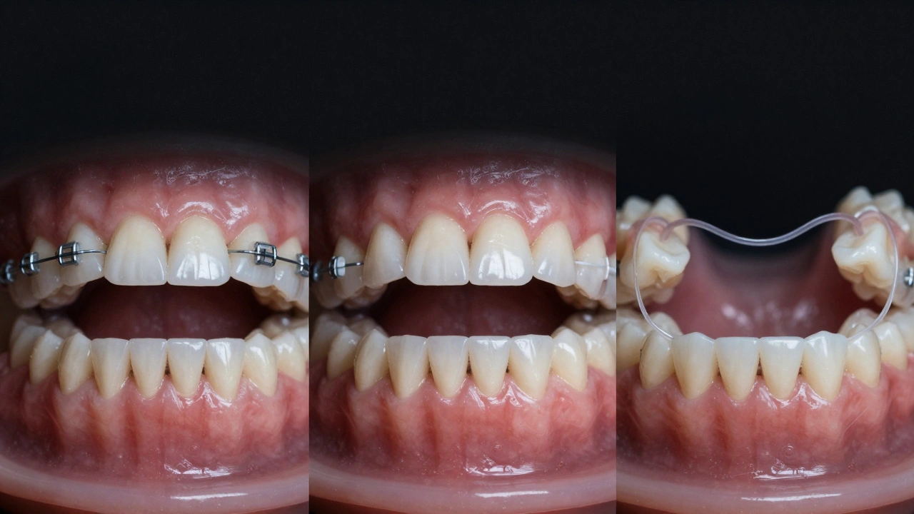Tři fáze ortodontické léčby: nová rovnátka, upravené drátky a retence po odstranění.