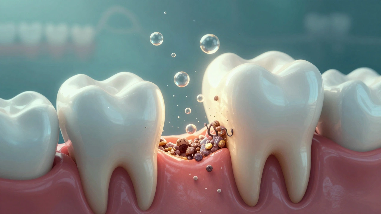 Vizualizace ultrazvukových vln rozkládajících plak na mikroúrovni kolem zubu a dásně.