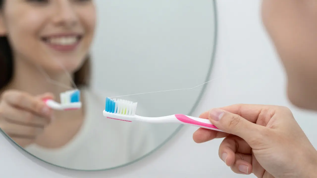 Zdravá ústní hygiena – kartáček a nit vedle zrcadla s reflektujícími zdravými zuby.