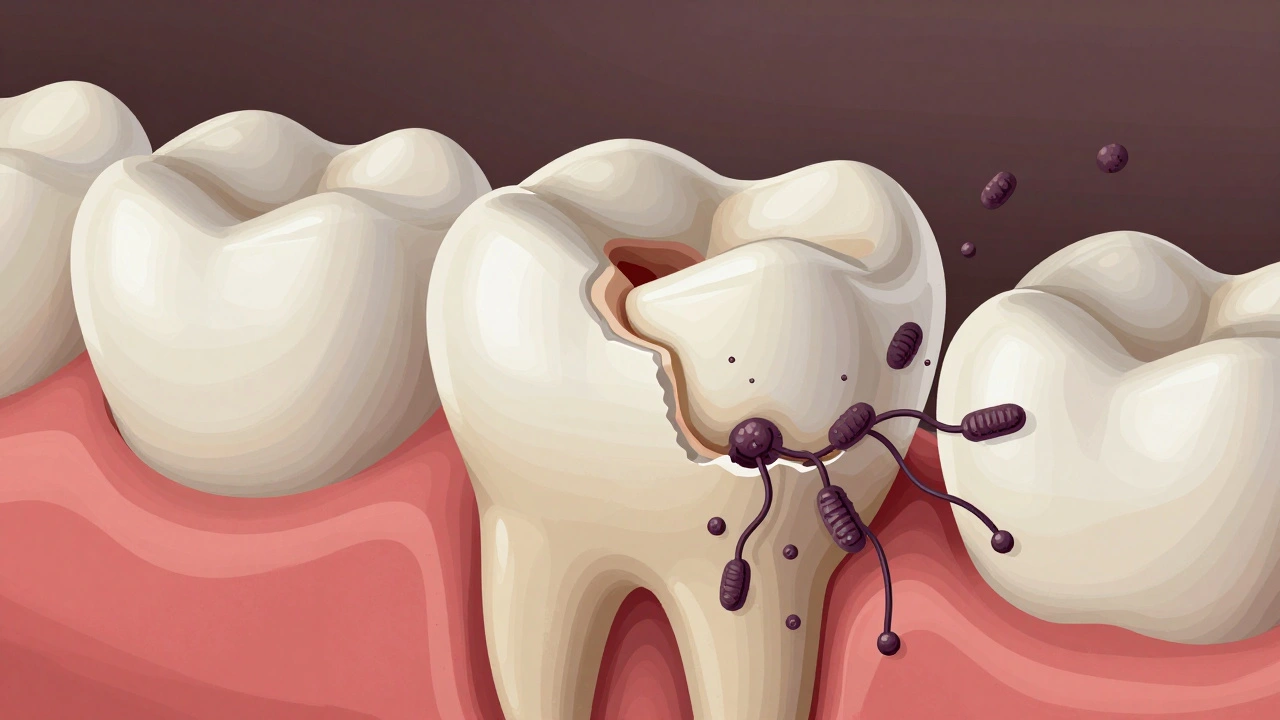 Zub s poškozenou plombou a bakteriemi šířícími se do nitra zubu.