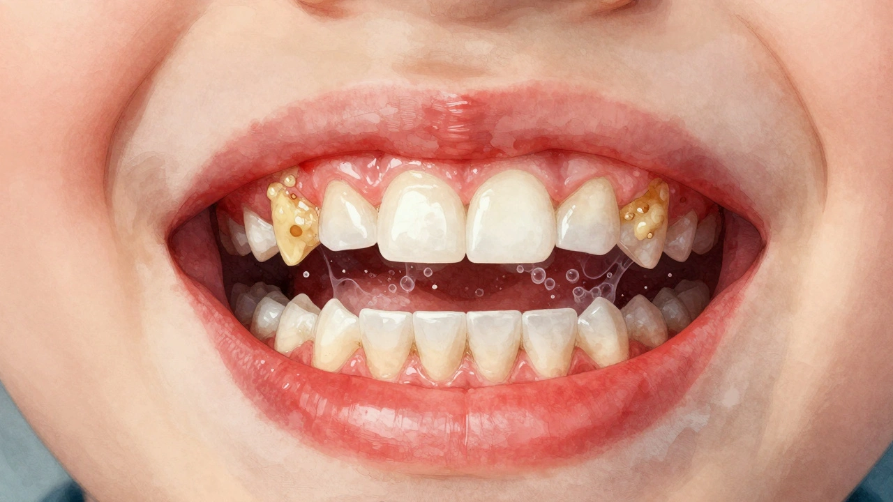 Zubní kámen a zánět dásní na mléčných zubech dítěte, s bakteriemi a cukry symbolizujícími příčinu.