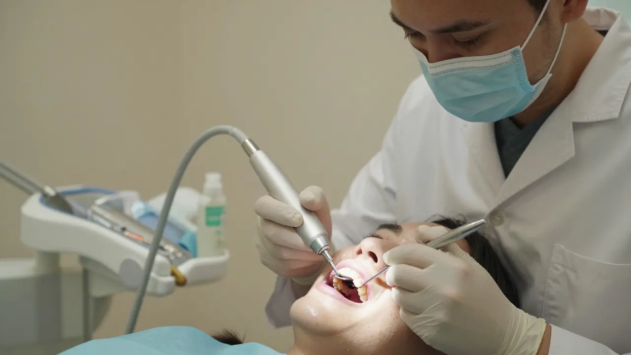 Zubní lékař odstraňuje černý kámen pomocí ultrazvukového přístroje v klinice.