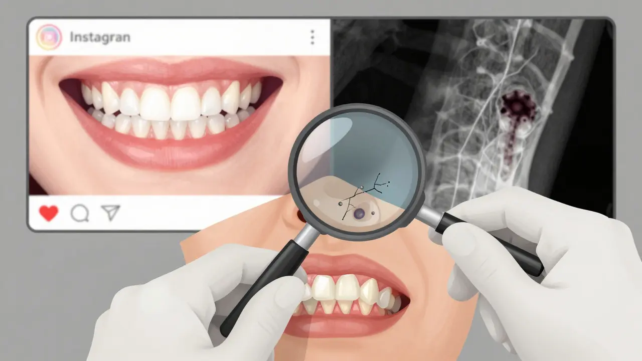 Zubní lékař odstraňuje domácí zubní vložku, zatímco pod magnifikací vidíme poškození skloviny.