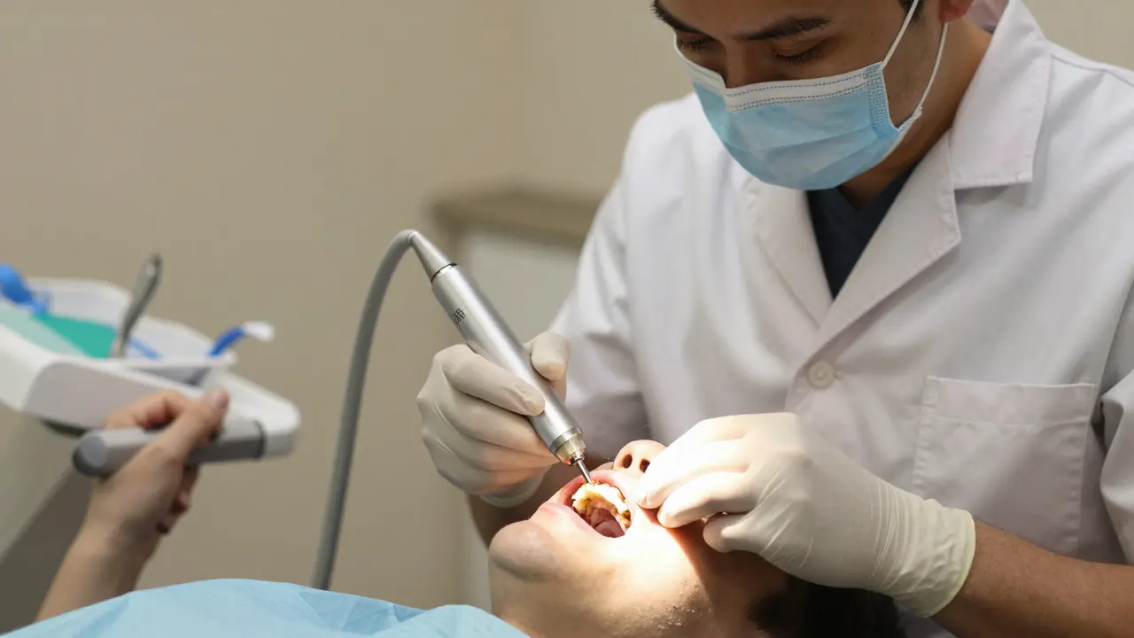 Zubní lékař odstraňuje zubní kámen pod dásní ultrazvukovým nástrojem