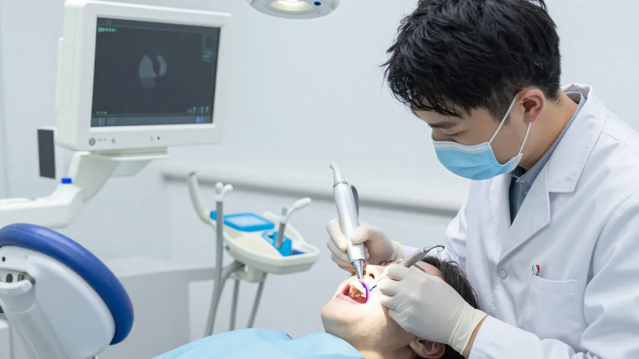 Zubní lékař opravuje ulomený zub kompozitní vložkou v moderní ordinaci.