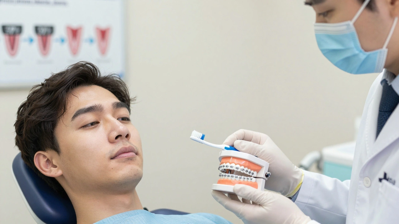 Zubní lékař ukazuje pacientovi kartáček Curaprox pro zubní braket a implantáty.