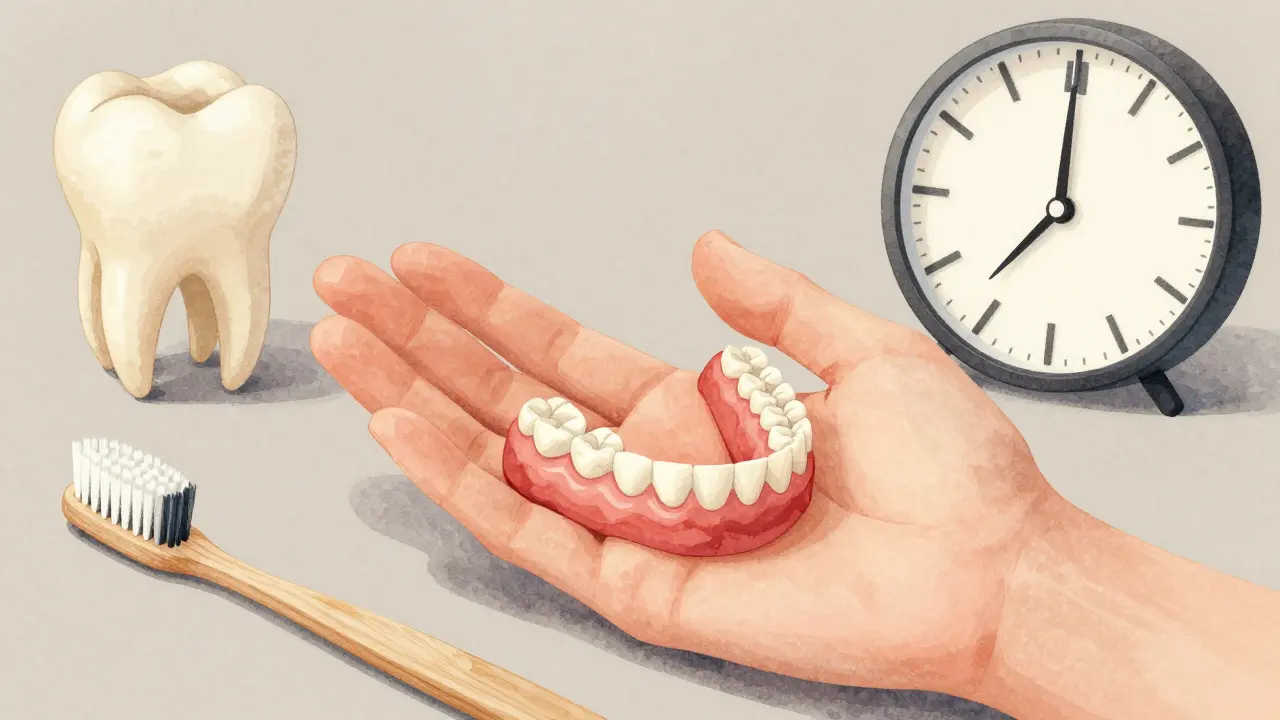 Zubní protéza na dlani spolu s symboly péče a odpočinku.