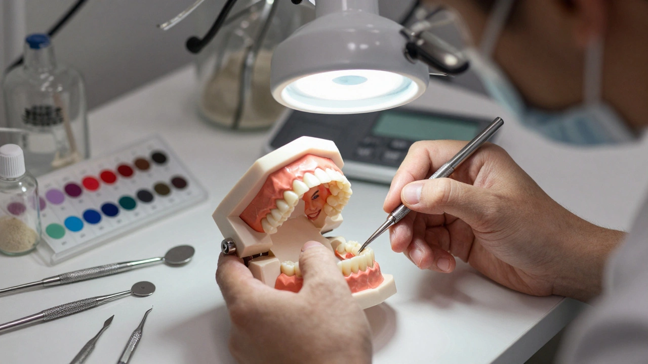 Zubní technik ručně políře keramickou fazetu pod lůžkovou lůžkovou lampou.