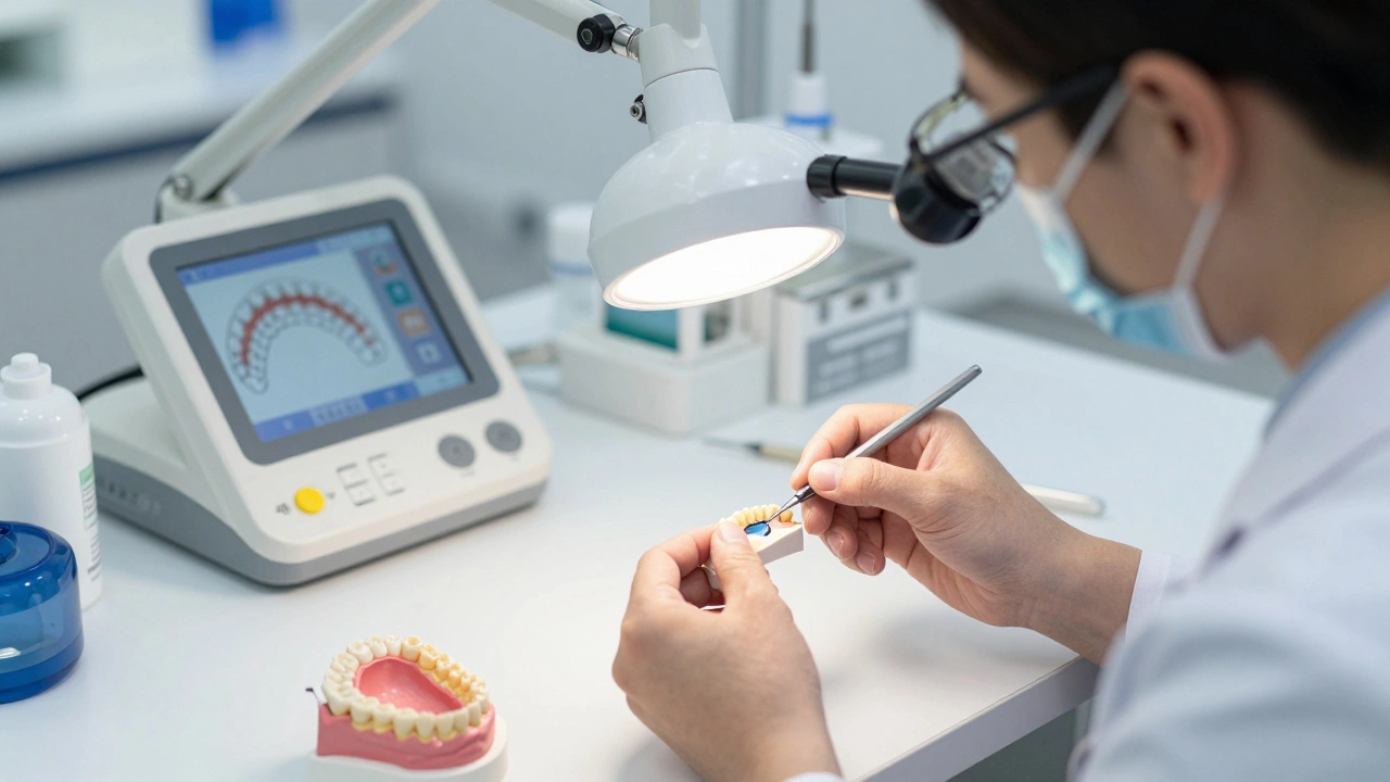 Zubní technik v laboratoři pečlivě kontrolyje keramické fazety pod lůžkem.