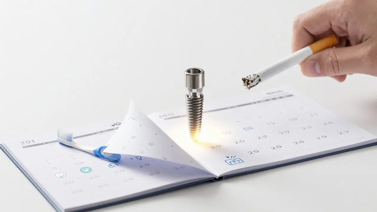 Calendar showing 30 years of daily oral care habits sustaining a dental implant.